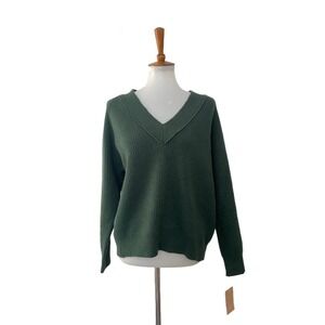 NEW FRNCH Womens V Neck Pullover Sweater Long Sleeve Green S/M